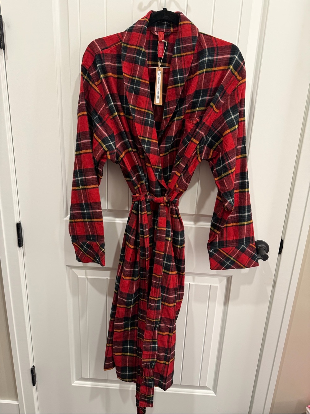 SKIMS Flannel Sleep Long Robe Brick Holiday Plaid Red Size S NWT